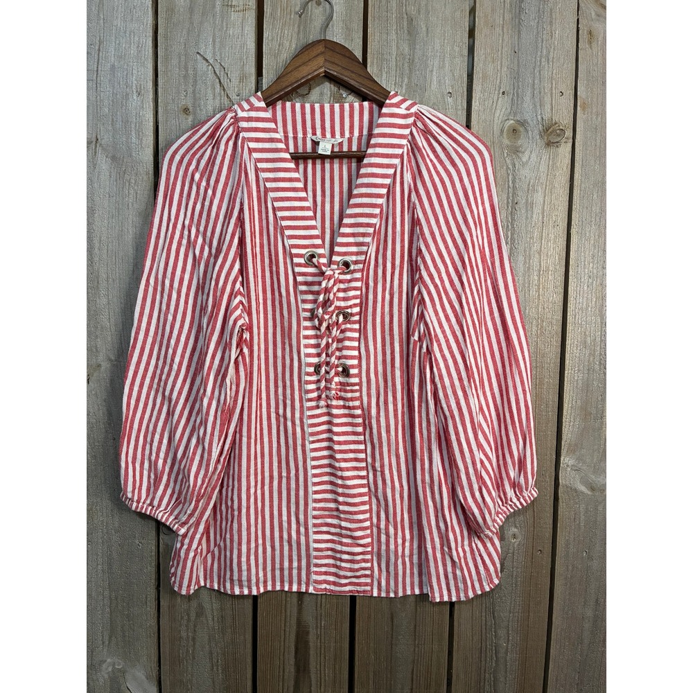 Cato Red White Striped Lace Up V-Neck Linen Blend Blouse Top Womens Large